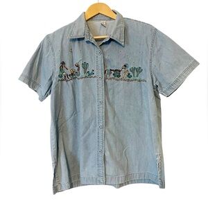 Vintage Chambray Embroidered Southwestern Style‎ Short Sleeve Button Down Shirt